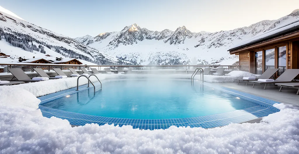 Scène d'après-ski avec vue sur piscine extérieure dans un établissement de Courchevel