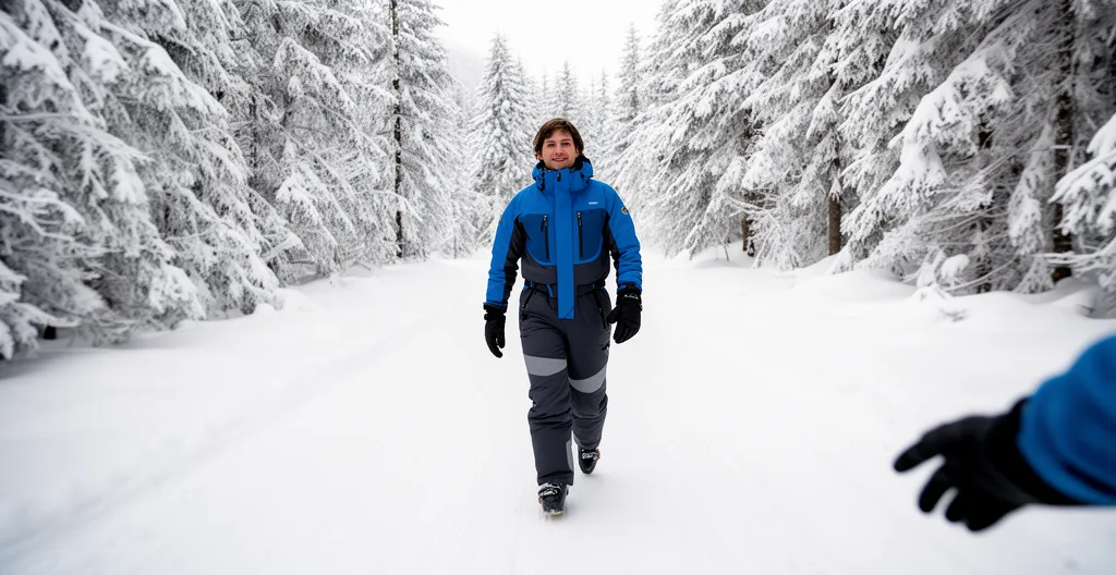 Personne marchant sur un chemin damé dans la forêt de sapins de La Tania