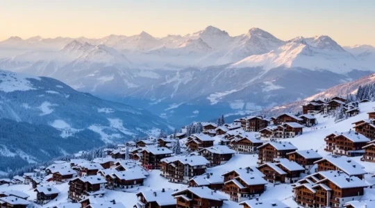 Vue panoramique des villages de Courchevel étagés sur la montagne enneigée