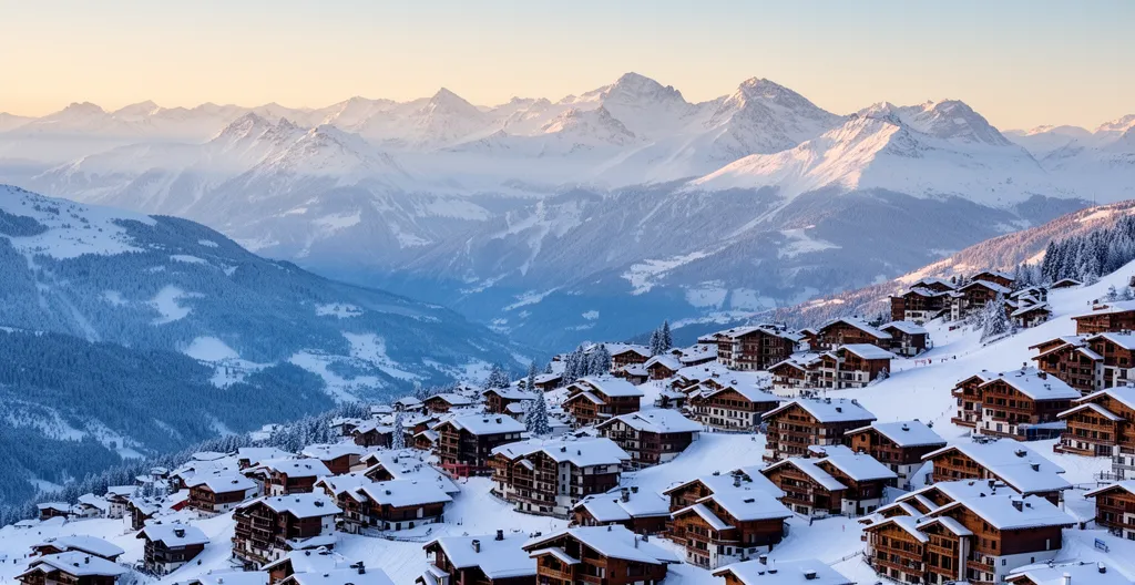 Vue panoramique des villages de Courchevel étagés sur la montagne enneigée