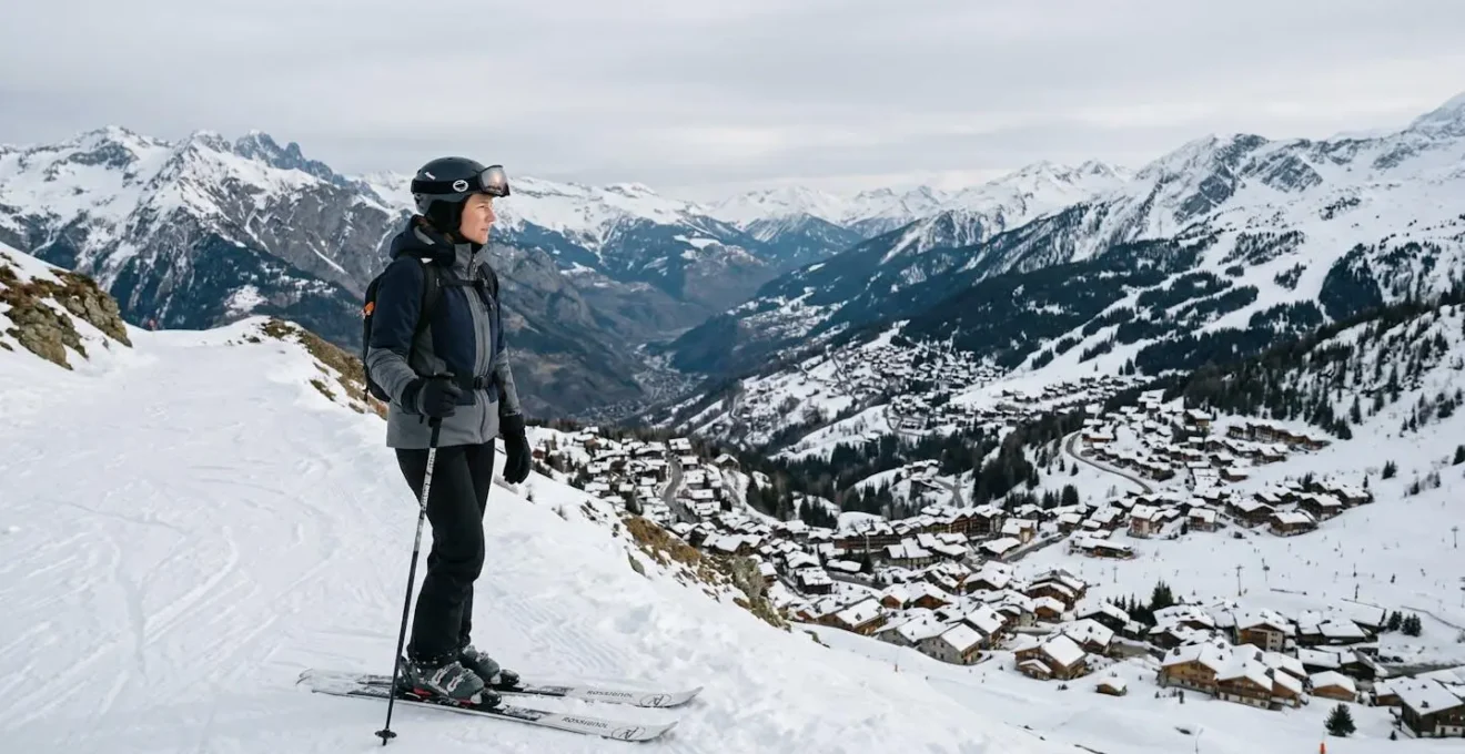 Skieur contemplant les différents villages de Courchevel depuis une piste enneigée