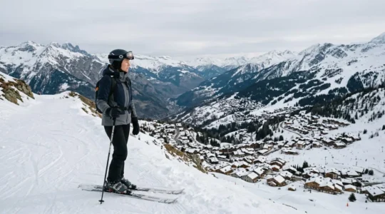 Skieur contemplant les différents villages de Courchevel depuis une piste enneigée