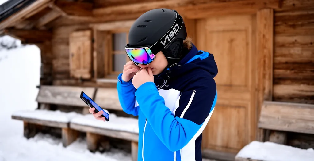 Personne ajustant son équipement de ski devant un chalet alpin à Courchevel