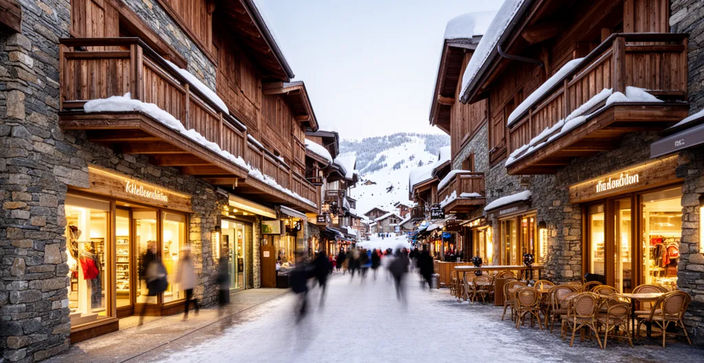 Rue piétonne animée d'un village de ski avec terrasses et commerces
