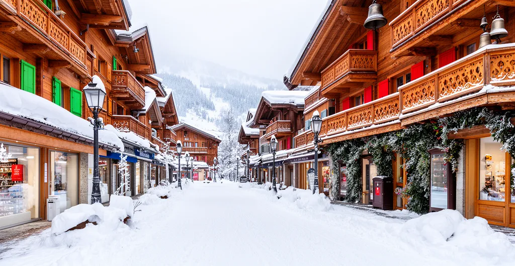 Vue latérale d'une rue enneigée dans un village de Courchevel