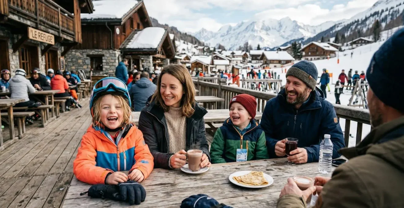 Famille profitant d'une terrasse ensoleillée dans un village de Courchevel
